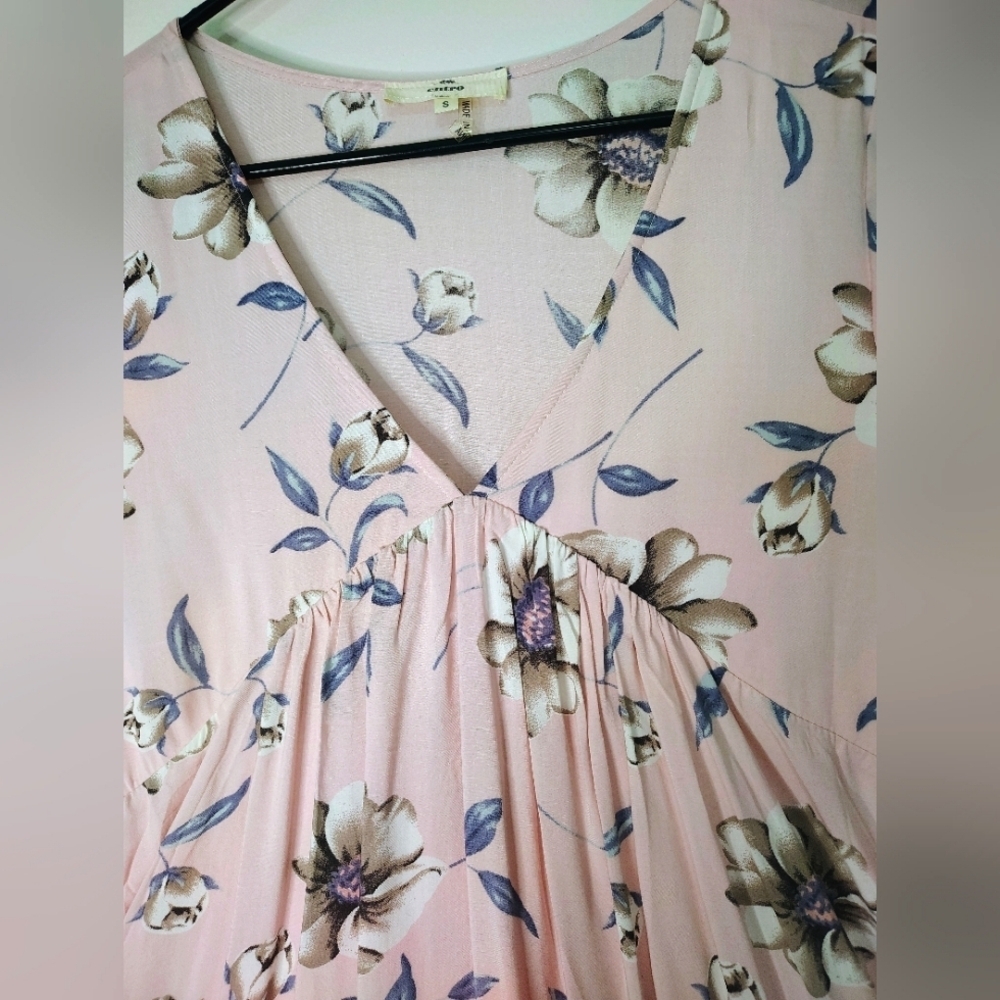 Entro floral Tunic Sundress Ruffles V-neck Rayon Pink oversized S. - Picture 15 of 16